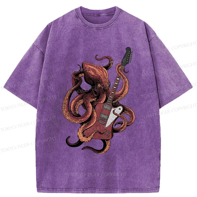 Tokyo-Tiger Octopus Playing Guitar Washed T-Shirt