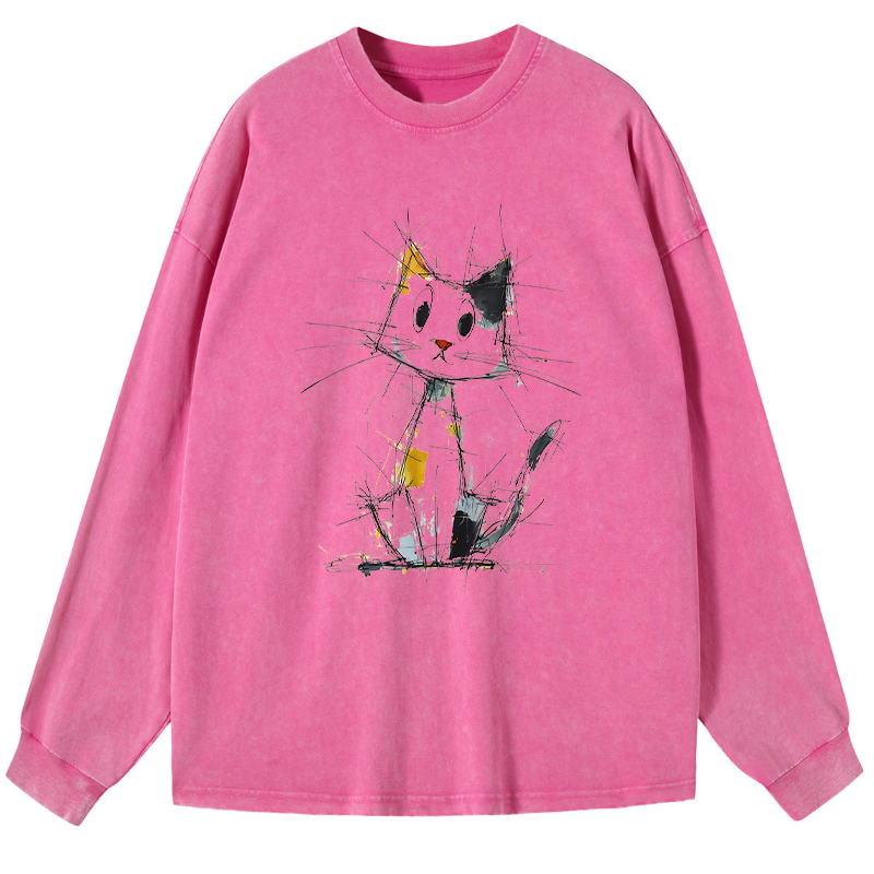 Tokyo-Tiger Minimal Splash Ink Cute Cat Washed Long Sleeve T-Shirt
