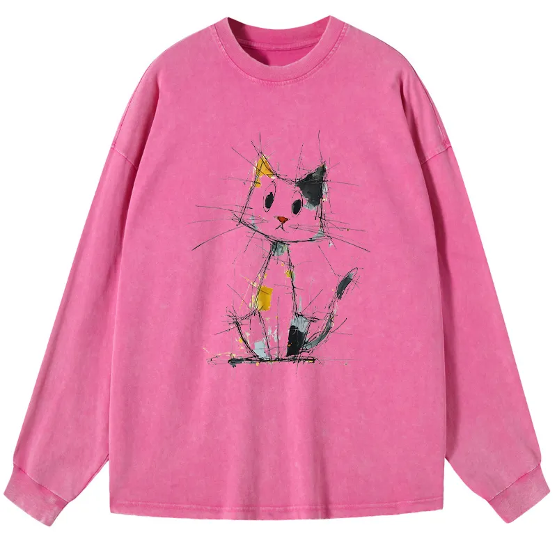 Tokyo-Tiger Minimal Splash Ink Cute Cat Washed Long Sleeve T-Shirt