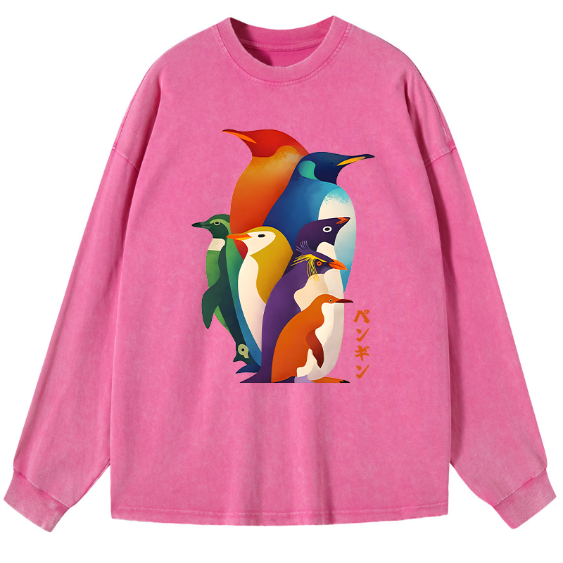Tokyo-Tiger Cute Multi Tone Penguins Washed Long Sleeve T-Shirt
