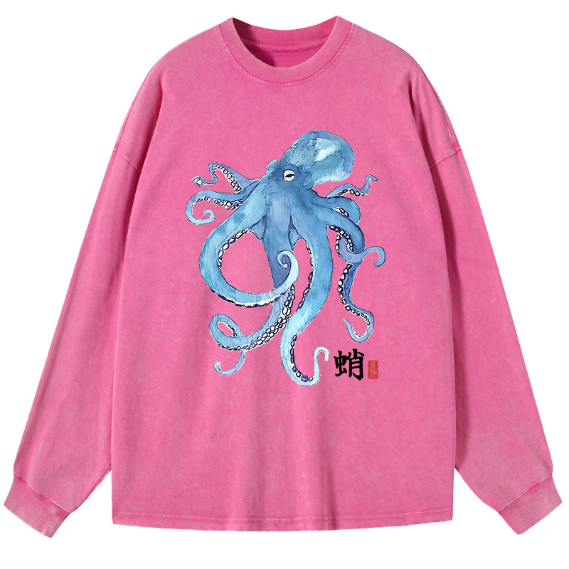 Tokyo-Tiger Watercolor Blue Octopus Washed Long Sleeve T-Shirt
