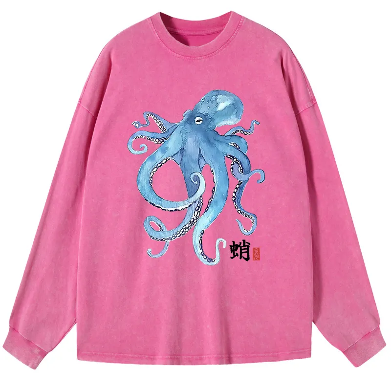 Tokyo-Tiger Watercolor Blue Octopus Washed Long Sleeve T-Shirt Sale