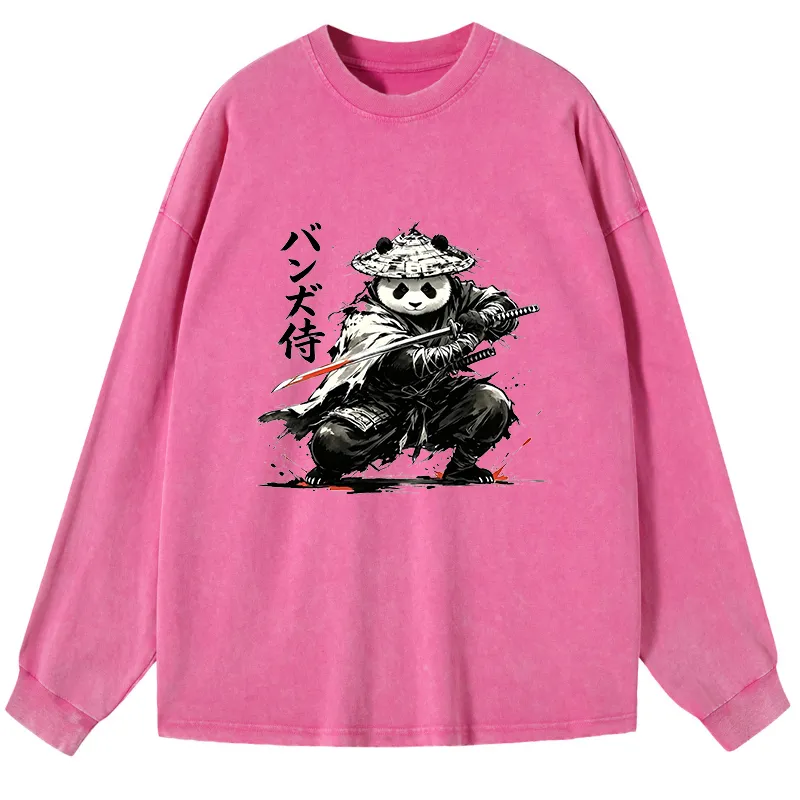 Tokyo-Tiger Panda Samurai Warrior Washed Long Sleeve T-Shirt Sale