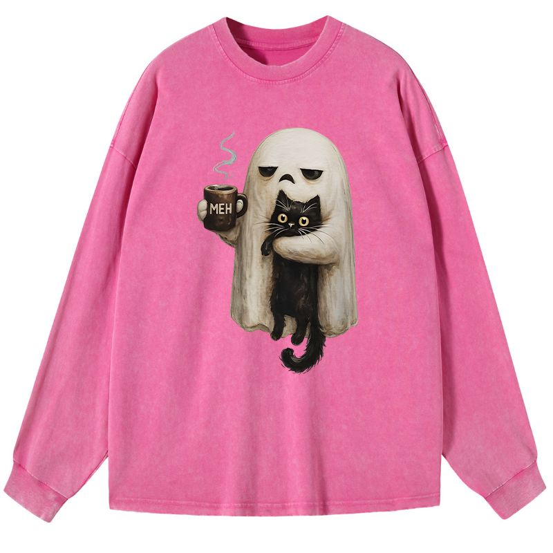 Tokyo-Tiger Ghost Cat Coffee Mood Washed Long Sleeve T-Shirt