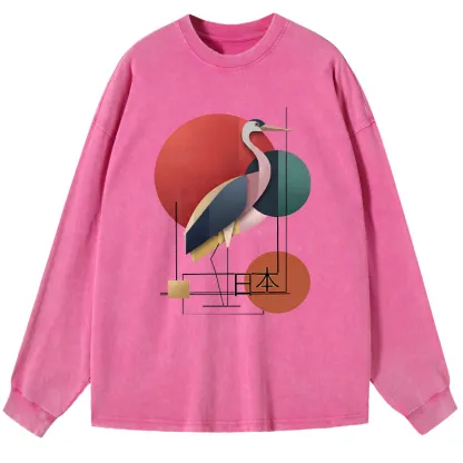 Tokyo-Tiger Geometric Crane Art Washed Long Sleeve T-Shirt