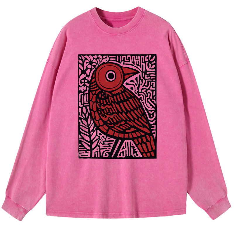 Tokyo-Tiger Retro Woodblock Bird Washed Long Sleeve T-Shirt