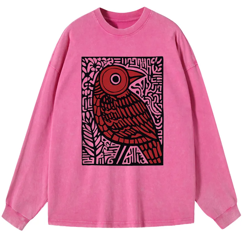 Tokyo-Tiger Retro Woodblock Bird Washed Long Sleeve T-Shirt