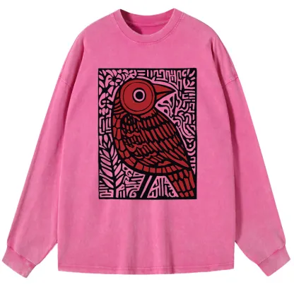Tokyo-Tiger Retro Woodblock Bird Washed Long Sleeve T-Shirt
