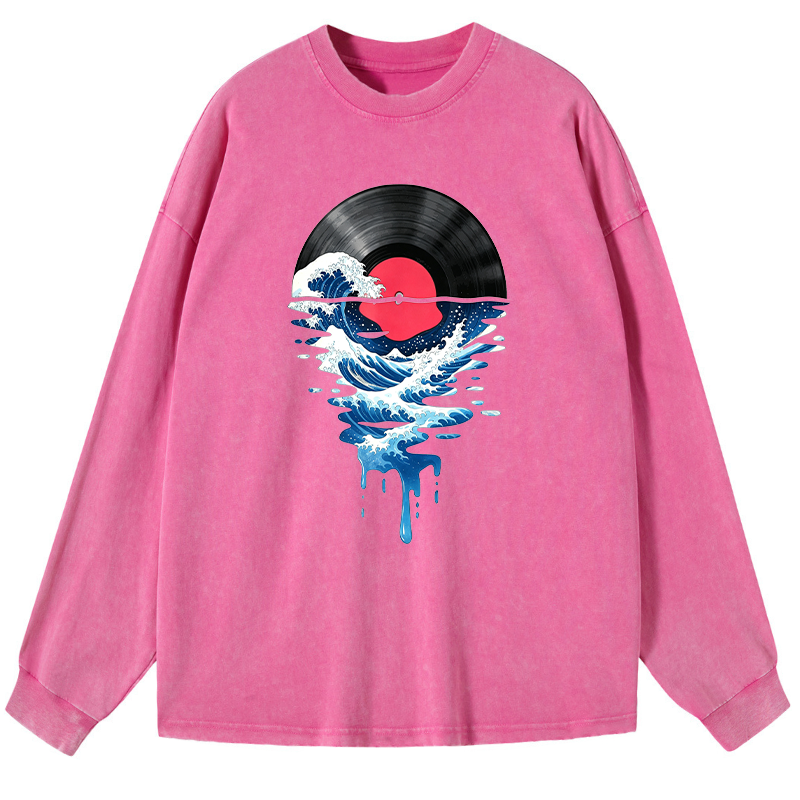 Tokyo-Tiger Vinyl Records And Waves Washed Long Sleeve T-Shirt