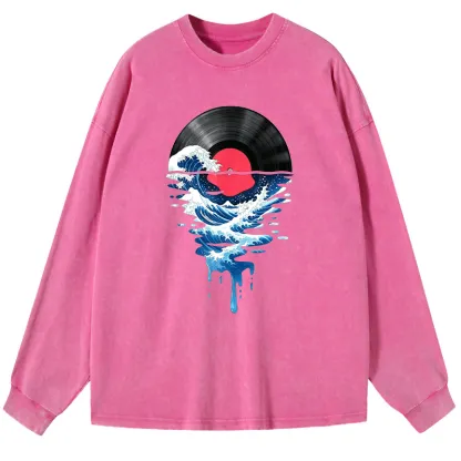 Tokyo-Tiger Vinyl Records And Waves Washed Long Sleeve T-Shirt