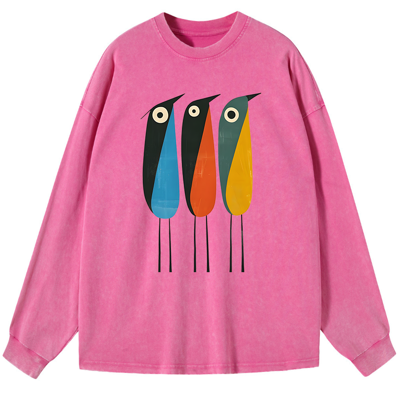 Tokyo-Tiger Bold Shape Birds Washed Long Sleeve T-Shirt
