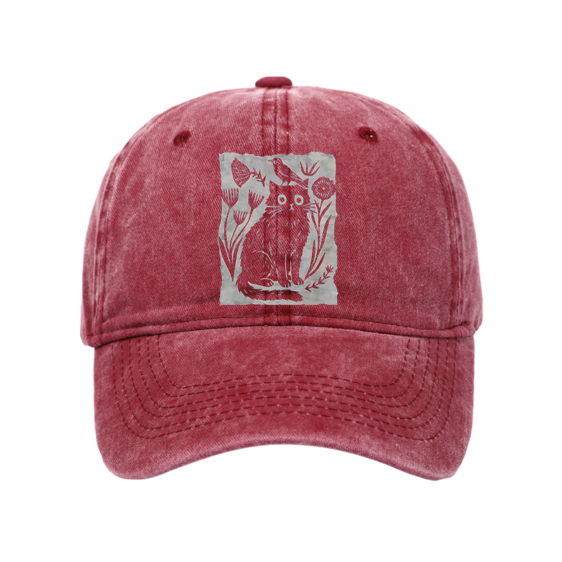 Tokyo-Tiger Folk Paper Cut Cat Bird Floral Art Washed Cap