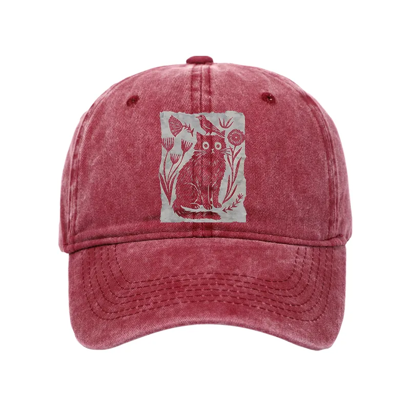 Tokyo-Tiger Folk Paper Cut Cat Bird Floral Art Washed Cap