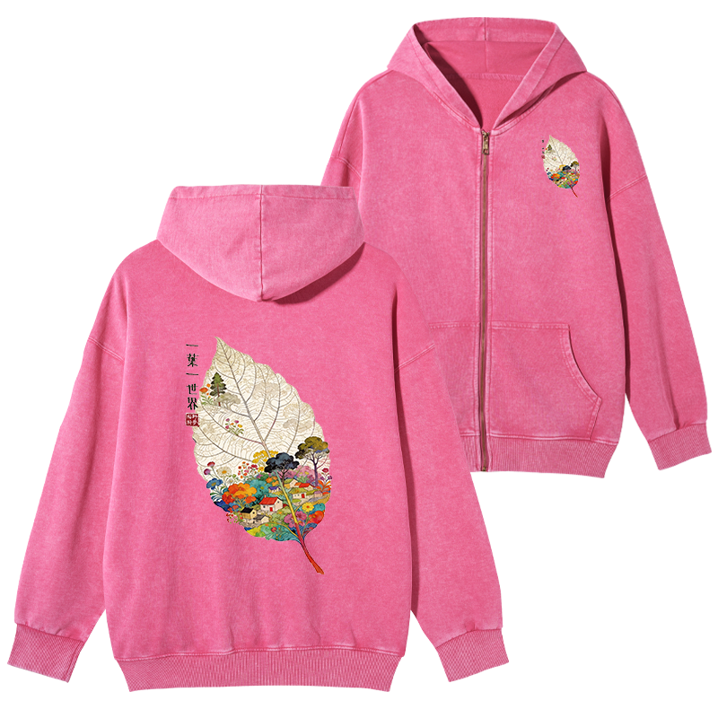 Tokyo-Tiger One Leaf Holds A Tiny Colorful World Washed Zip Hoodie