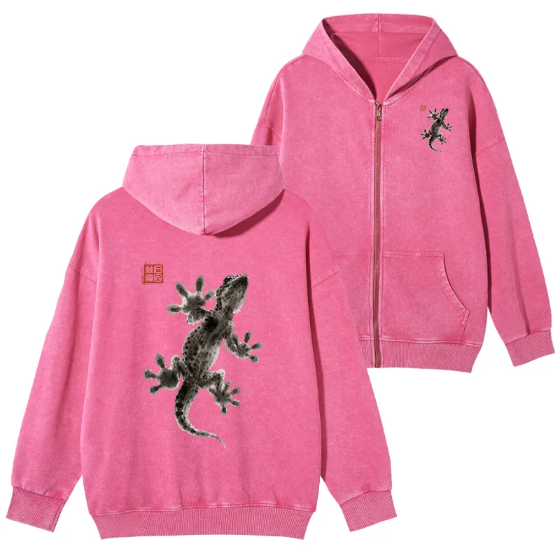 Tokyo-Tiger Minimal Asian Ink Brush Gecko Vibe Washed Zip Hoodie Sale