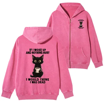 Tokyo-Tiger Funny Cute Black Cat And Coffee Meme Washed Zip Hoodie