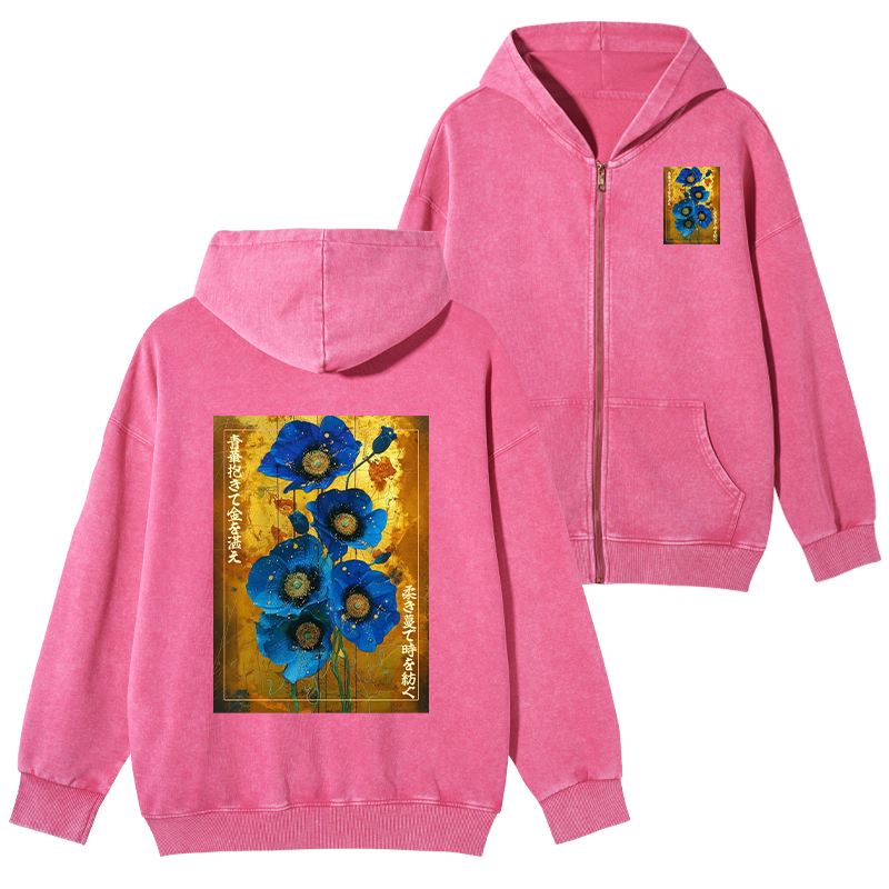Tokyo-Tiger Shiny Blue Flower Warm Golden Background Washed Zip Hoodie