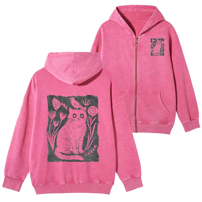 Tokyo-Tiger Folk Paper Cut Cat Bird Floral Art Washed Zip Hoodie