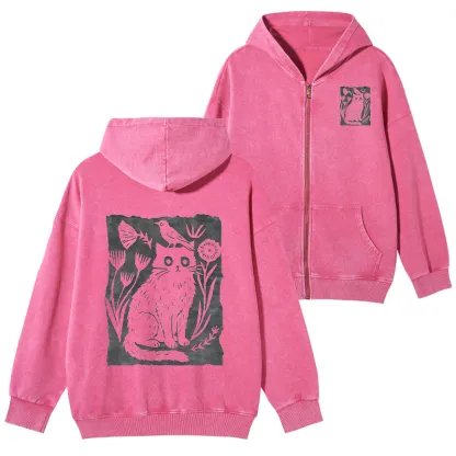 Tokyo-Tiger Folk Paper Cut Cat Bird Floral Art Washed Zip Hoodie