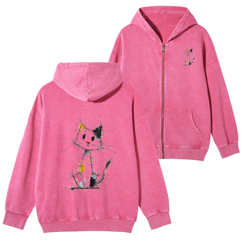 Tokyo-Tiger Minimal Splash Ink Cute Cat Washed Zip Hoodie