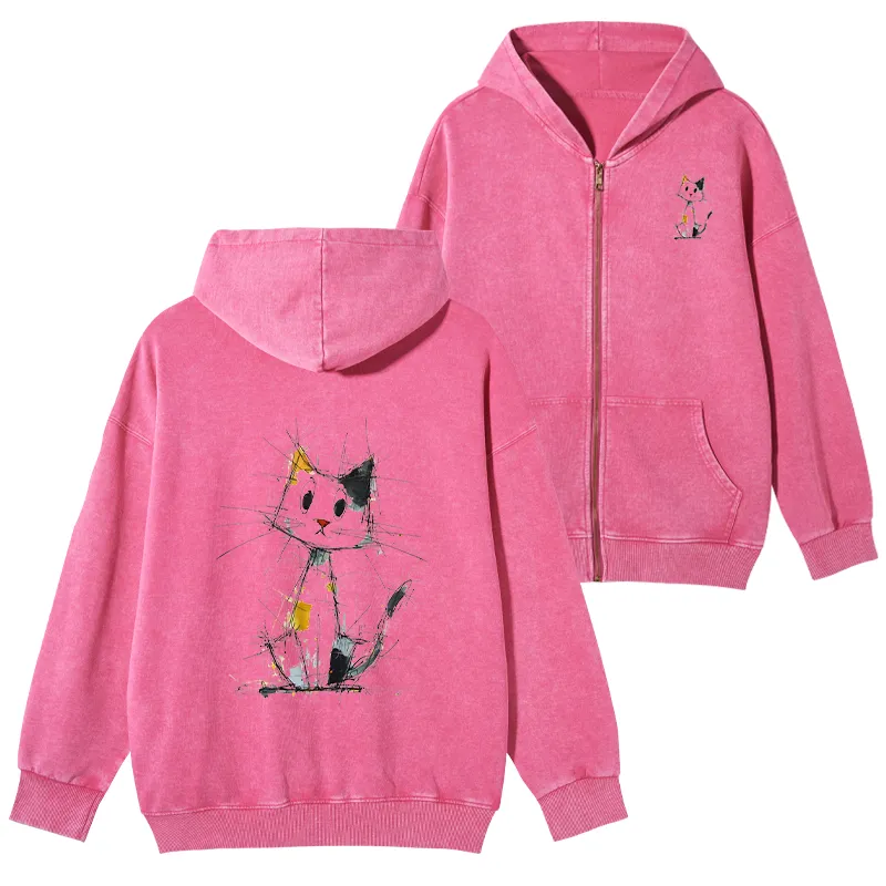 Tokyo-Tiger Minimal Splash Ink Cute Cat Washed Zip Hoodie