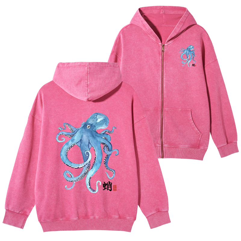 Tokyo-Tiger Watercolor Blue Octopus Washed Zip Hoodie