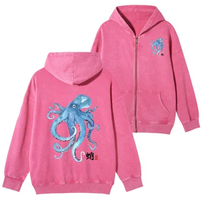 Tokyo-Tiger Watercolor Blue Octopus Washed Zip Hoodie
