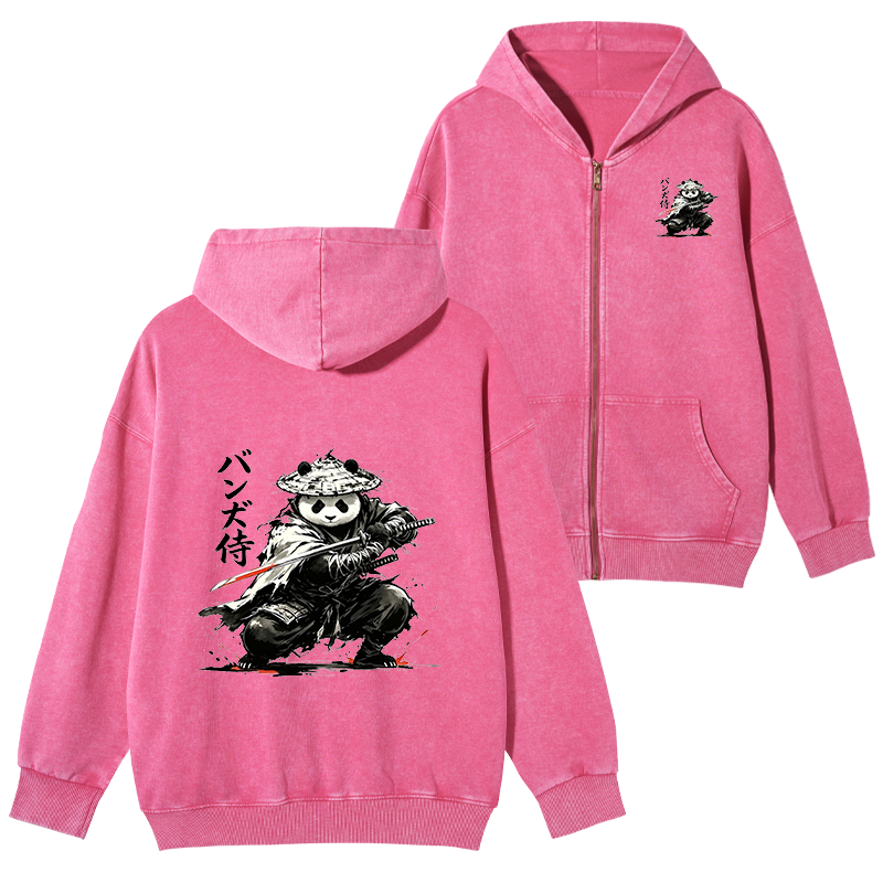 Tokyo-Tiger Panda Samurai Warrior Washed Zip Hoodie
