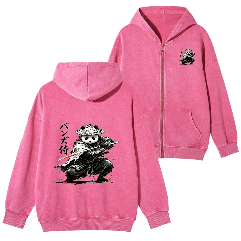 Tokyo-Tiger Panda Samurai Warrior Washed Zip Hoodie