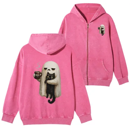 Tokyo-Tiger Ghost Cat Coffee Mood Washed Zip Hoodie