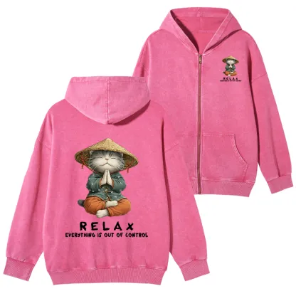 Tokyo-Tiger Zen Relax Cat Graphic Washed Zip Hoodie