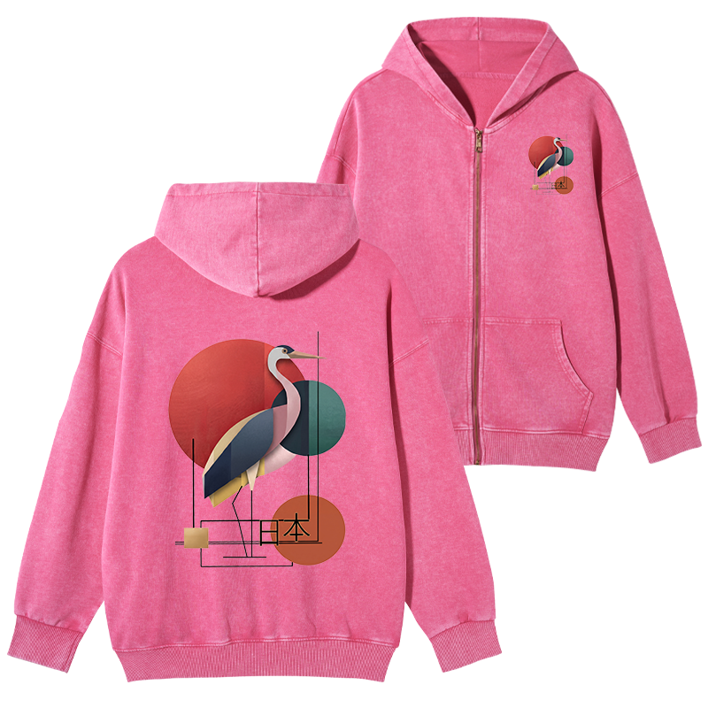 Tokyo-Tiger Geometric Crane Art Washed Zip Hoodie