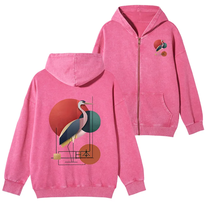 Tokyo-Tiger Geometric Crane Art Washed Zip Hoodie Sale