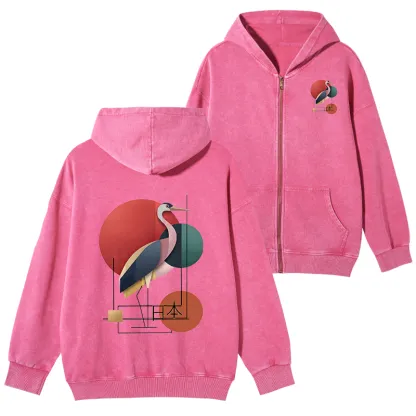 Tokyo-Tiger Geometric Crane Art Washed Zip Hoodie
