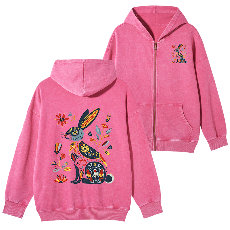 Tokyo-Tiger Folk Hare Bloom Washed Zip Hoodie