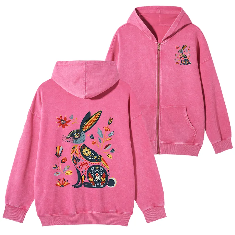 Tokyo-Tiger Folk Hare Bloom Washed Zip Hoodie