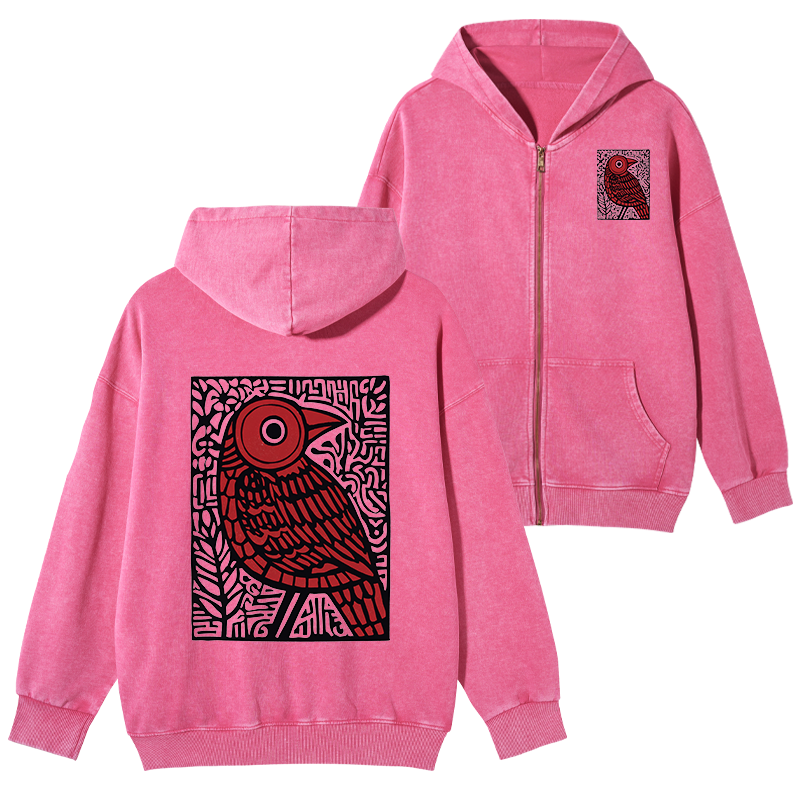 Tokyo-Tiger Retro Woodblock Bird Washed Zip Hoodie