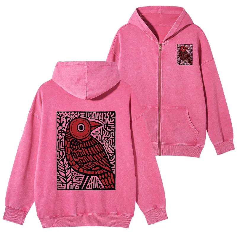 Tokyo-Tiger Retro Woodblock Bird Washed Zip Hoodie