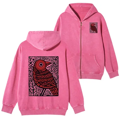 Tokyo-Tiger Retro Woodblock Bird Washed Zip Hoodie