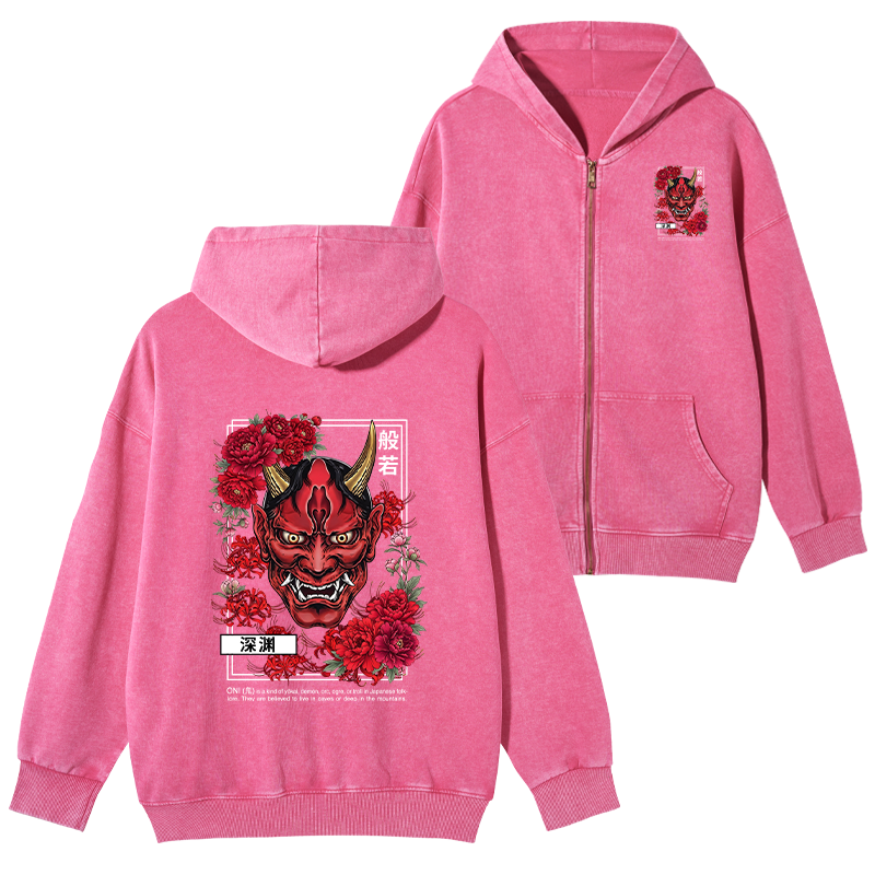 Tokyo-Tiger Cool Oni Floral Art Washed Zip Hoodie