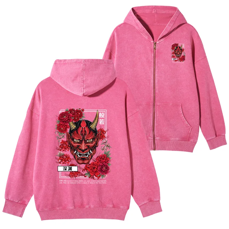 Tokyo-Tiger Cool Oni Floral Art Washed Zip Hoodie