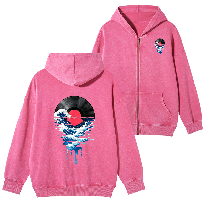 Tokyo-Tiger Vinyl Records And Waves Washed Zip Hoodie