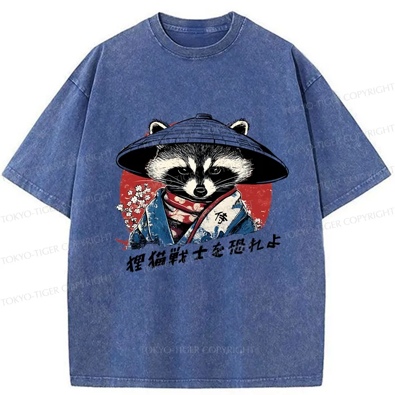 Tokyo-Tiger Japanese Raccoon Samurai Washed T-Shirt