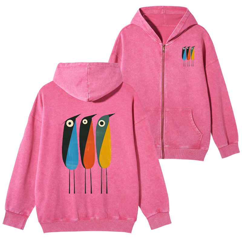 Tokyo-Tiger Bold Shape Birds Washed Zip Hoodie