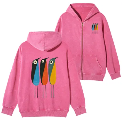 Tokyo-Tiger Bold Shape Birds Washed Zip Hoodie