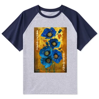Tokyo-Tiger Shiny Blue Flower Warm Golden Background Raglan T-shirt