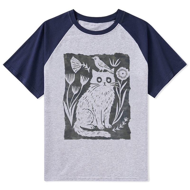 Tokyo-Tiger Folk Paper Cut Cat Bird Floral Art Raglan T-shirt