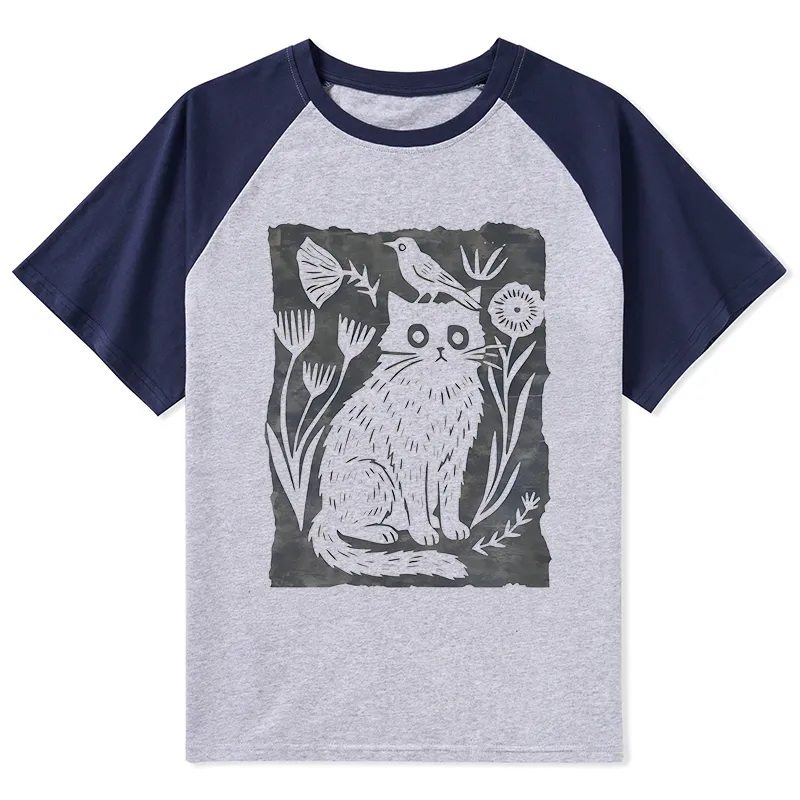 Tokyo-Tiger Folk Paper Cut Cat Bird Floral Art Raglan T-shirt