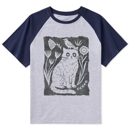 Tokyo-Tiger Folk Paper Cut Cat Bird Floral Art Raglan T-shirt
