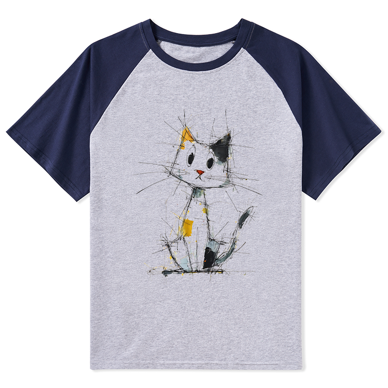 Tokyo-Tiger Minimal Splash Ink Cute Cat Raglan T-shirt